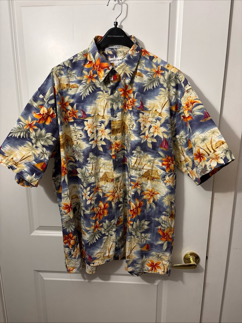 VTG Pierre Cardin Hawaiian shirt 2XLT cotton blue aloha sailboat hut big tall